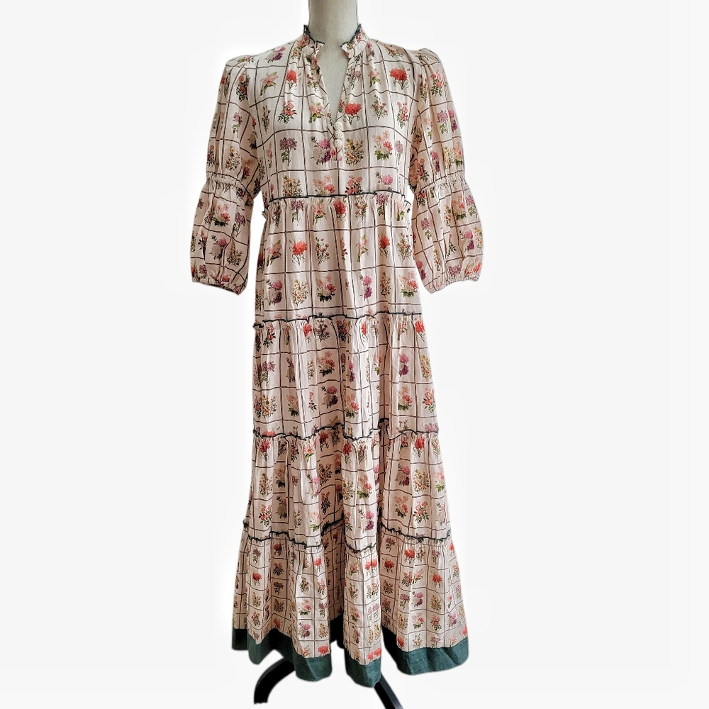 Anna Cate Vintage Stamp Emily Floral Maxi Dress Linen Cotton Size‎ M